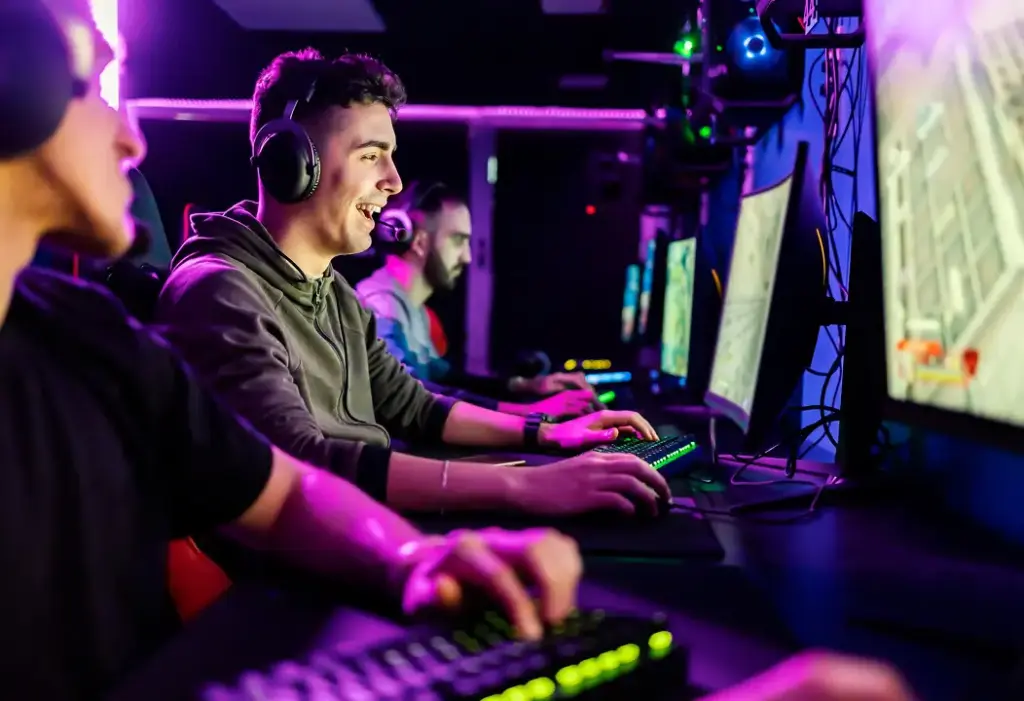 Grupa graczy e-sportowych siedzi obok siebie przy komputerach do gier podczas meczu. Noszą słuchawki i komunikują się, grając razem.