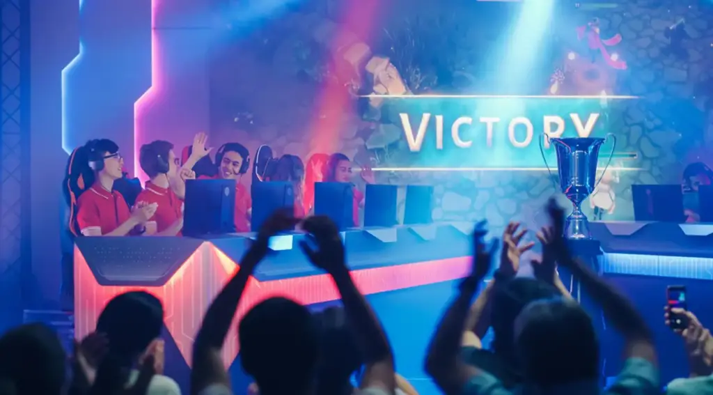 Zespół e-sportowy świętuje zwycięstwo na scenie, podczas gdy fani wiwatują. W tle stoi trofeum i duży ekran z napisem „Victory”.